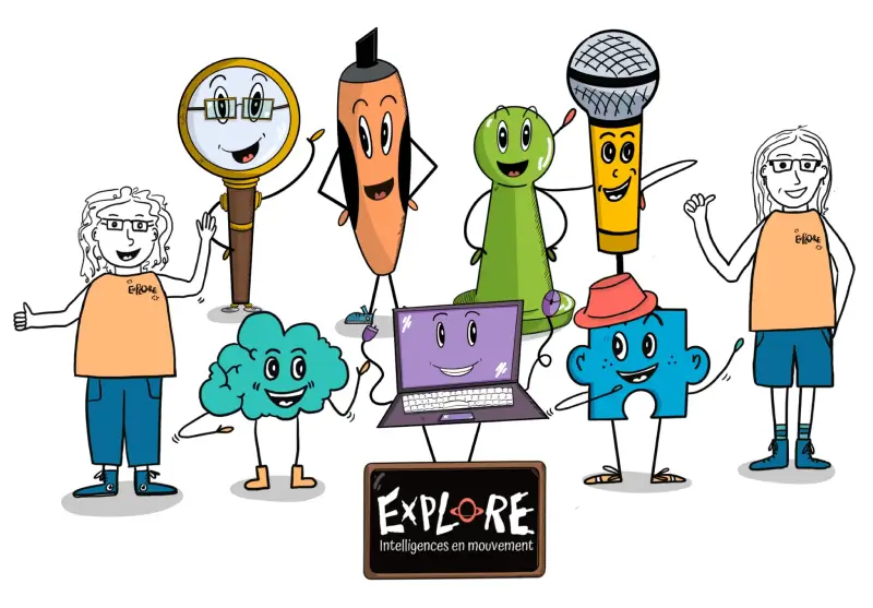 dessin d'une équipe, avec 9 personnages devant le logo explore iem